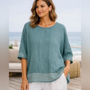Teal green blue boxy 100% linen top sequined hem made in Italy lagenlook